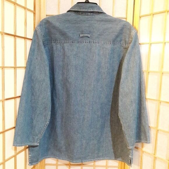 Lizwear Liz Claiborne Blue Tie Neck Denim Blouse Top - Picture 2 of 7